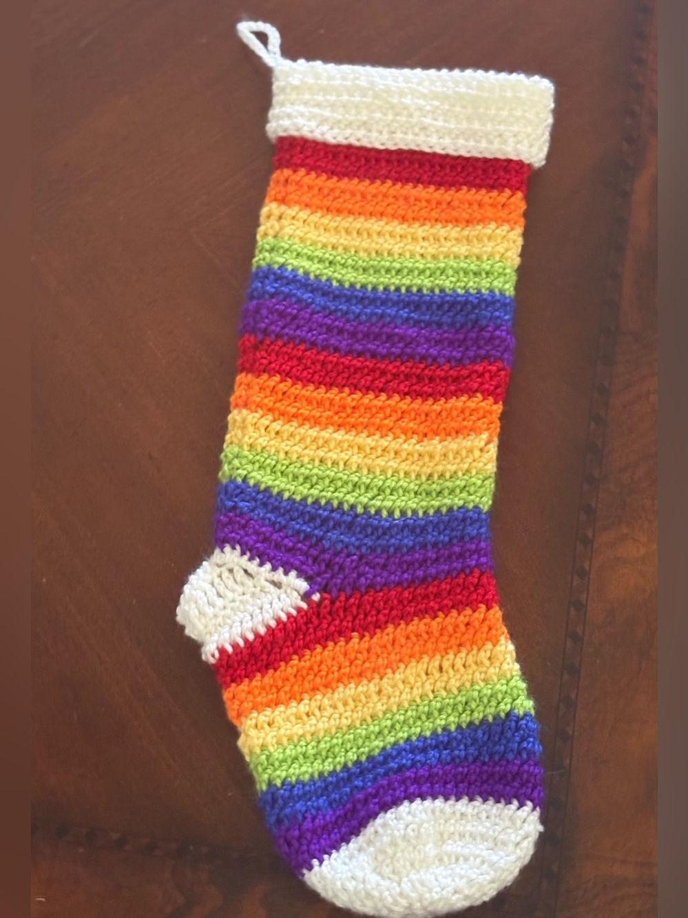 Crocheted Rainbow Crochet Stocking with White Trim